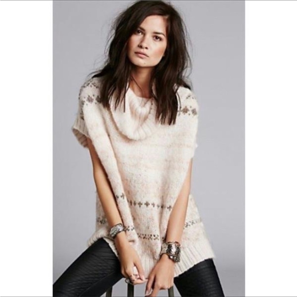 New Free People Snow Bunny Fair Isle Sweater Cowl Short Sleeve Size Small